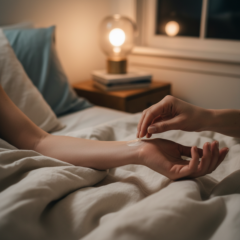 Image of a natural sleep patch on skin and a person sleeping peacefully